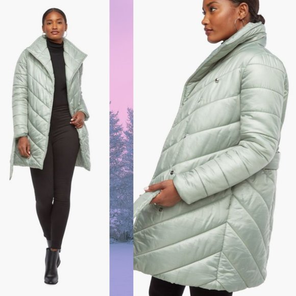 JustFab Jackets & Blazers - Pearl Mist Green Chevron Puffer Coat